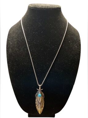 Silver Feather Pendant Necklace with Turquoise Stone - Women Jewelry